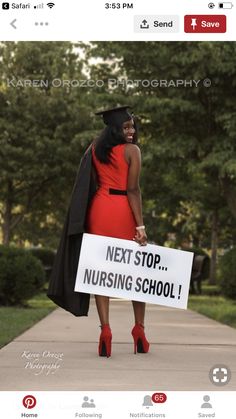 a woman in a red dress holding a sign that says, next stop nursing school