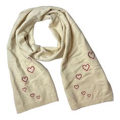 Jenni Cream Rectangular Scarf With Embroidered Hearts New Solid Cream Knit Scarf Red Embroidered Hearts New With Tags 70" X 10" Embroidered Hearts, Color Block Scarf, Embroidered Heart, Black Star, Knit Scarf, Alexander Mcqueen Scarf, Scarf Wrap, New Black, New Color