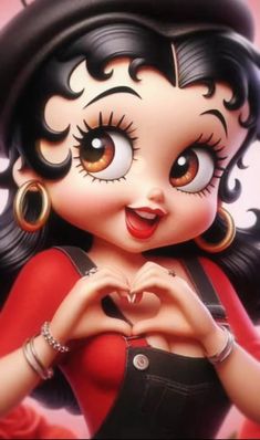 a close up of a cartoon character making a heart shape with her hands and eyes