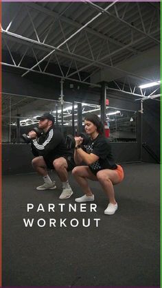 two people doing squats with the words partner workout on them in front of them