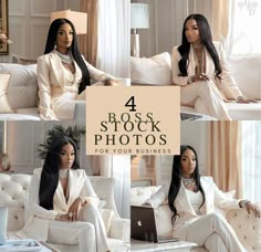 four photos of women in white outfits sitting on couches with laptops and coffee cups