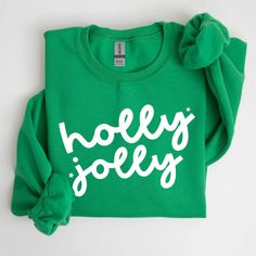 Holly Jolly, Retro Christmas, Classic, Winter, Santa, Xmas Sweatshirt Holiday Green Cotton Sweatshirt, Green Cotton Holiday Sweatshirt, Holiday Cotton Sweatshirt With Graphic Print, Holiday Graphic Print Cotton Sweatshirt, Holiday Cotton Sweatshirt With Letter Print, Green Christmas Sweatshirt With Letter Print, Christmas Classic, Holly Jolly, Retro Christmas