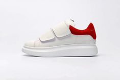 a white and red sneaker with two straps