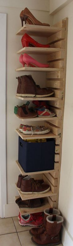 there is a shoe rack with shoes on it