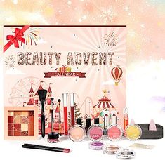 an assortment of cosmetics and makeup products displayed on a white surface with fireworks in the background