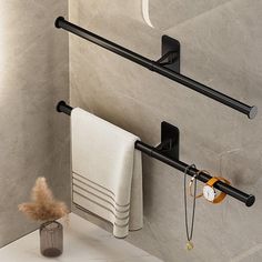 a bathroom with two black towel racks on the wall