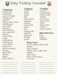 baby packing checklist with owls on it