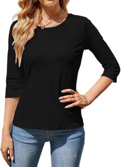 PRICES MAY VARY. Fabric: 95% cotton and 5% spandex. High quality material, super soft and comfortable, stretchy, lightweight and not see through. Features: 3/4 sleeve t shirt tops, crewneck, solid color, soft, elastic, comfy to wear alone or undershirt as a layering. Occasion: The elegant and simple 3/4 sleeve undershirt tops that suit for casual, office work, shopping, party, travel, holiday, daily wear. Perfect to match with jeans, skirt or trousers. Care:Machine washable or Hand wash. Don't b Jeans Skirt, Tops Casual, Casual Office, Basic T Shirt, Basic Tee, Office Work, Women's Casual, Cotton Tops, Sleeve Cotton