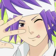 an anime character with purple hair holding his hand up to his face and smiling at the camera