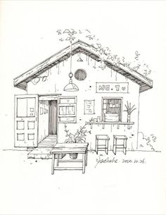 a drawing of a small house with a table and chairs in front of the door