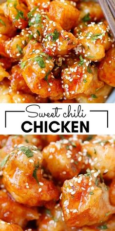 sweet and sour chicken with sesame seeds in a white bowl