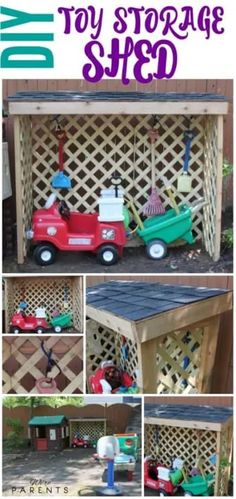 the diy toy storage shed is made out of wood and has various toys in it