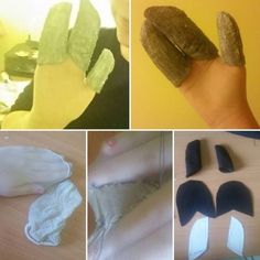 four different pictures show the process of making felt mitts and gloves for children to use