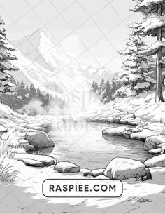 a black and white drawing of a mountain stream in the snow with trees around it