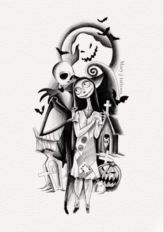 a black and white drawing of two people in halloween costumes