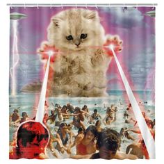 a shower curtain with an image of a cat in the water and people on the beach