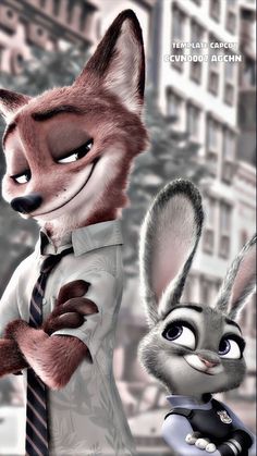 an image of a fox and rabbit dressed in business attire