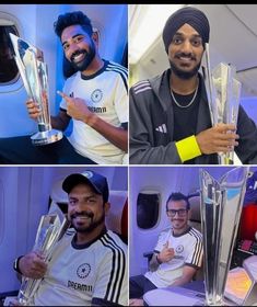 four pictures of men holding trophies and smiling