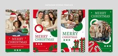 three vertical christmas banners with photos and text on the front, two in green and red