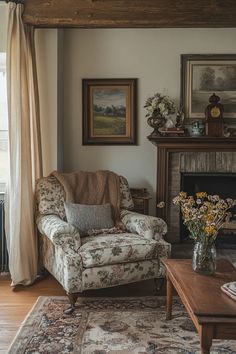 Inviting English country living room with muted colors, vintage decor, and a crackling fireplace English Countryside Manor Interior, English Countryside Aesthetic House Interior, English Cottage Armchair, English Country Home Exterior, English Country House Decor, British Countryside Aesthetic Interior, Gloomy English Countryside, Country Home Exterior, Rustic Comforter