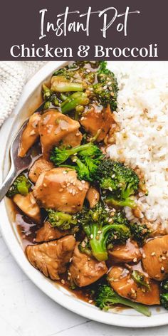 chicken and broccoli with white rice on a plate in front of the words instant pot chicken and broccoli