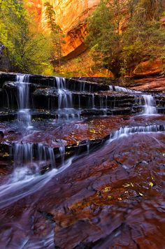 a small waterfall in the middle of a forest