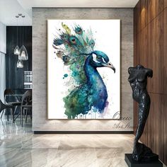 a peacock painting on the wall next to a statue in a room with marble flooring