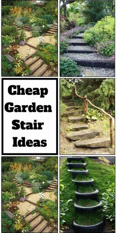 steps in the garden with text overlay that reads cheap garden stair ideas