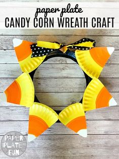 a paper plate candy corn wreath craft for halloween