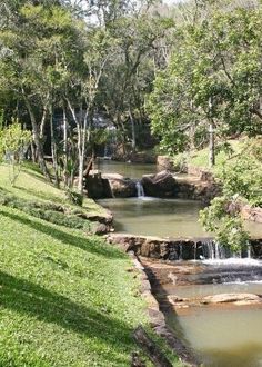 there is a small waterfall in the middle of this park with lots of trees and grass