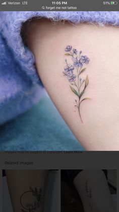 a small flower tattoo on the right side of the leg, with three images below it