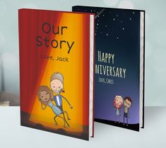 two children's books with the title our story, love, jack and happy anniversary