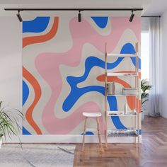 an abstract painting in pink, blue and orange on a white background wall mural print