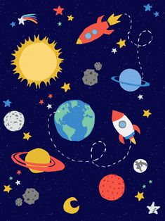 an image of space themed wallpaper with rockets and planets