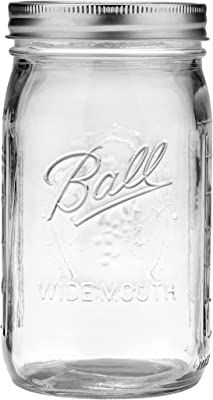 a glass mason jar with the word ball on it and a metal lid is shown