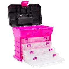 three plastic storage containers stacked on top of each other with pink lids and dividers