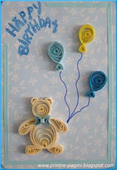 a birthday card with an image of a teddy bear, balloon and swirls on it