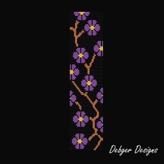 a cross stitch pattern with purple flowers on a black background and the words, deep designs