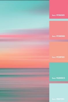 the color palette is different shades of pink, blue and green with an ocean background