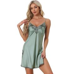 Great for loungewear, nightwear, sleepwear, home bedroom, and daily wear. This loungewear nightdress for women is constructed of super smooth satin fabric, which is comfy, and breathable. With adjustable spaghetti straps, the nightdress is convenient to take on/off and keeps you pretty and comfortable all day. Featuring a mini-length design, and a v-neck, the dress makes you feel cozy all night and helps you enjoy a comfortable sleep and sweet dream. No matter the cozy bedtime, casual home relax Women Nightwear Dresses, Wife Clothes, Night Wear Dress, One Piece Clothing, Set Outfits, Pajama Dress, Cami Set, Night Dress For Women, Women's Nightgowns