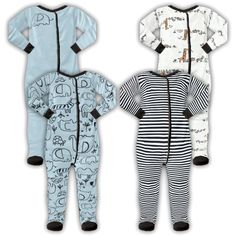 three baby sleepsuits in various colors and designs