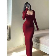 -Item Id 38337017 -Details: Backless, Split -Neckline: Scoop Neck -Sleeve Type: Regular Sleeve -Style: Elegant -Type: Bodycon -Waist Line: Natural -Hem Shaped: Pencil -Color: Burgundy -Pattern Type: Plain -Sleeve Length: Long Sleeve -Fit Type: Slim Fit -Length: Long -Material: Knitted Fabric -Composition: 95% Polyester, 5% Elastane -Care Instructions: Machine Wash Or Professional Dry Clean -Sheer: No -Fabric: High Stretch **Open To Offers!!!** **Bundle To Save More** **30% Off Bundles Of 2 Or Mo Fall Bodycon Dress With Square Neck, Fall Season Maxi Length Bodycon Dress, Fall Maxi Bodycon Dress For Date Night, Long Fitted Dresses, Autumn Casual, Reference Poses, Classy Chic, Chic Boutique, Style Elegant