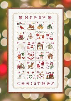 a cross stitch christmas pattern on a green and red background with lights in the background