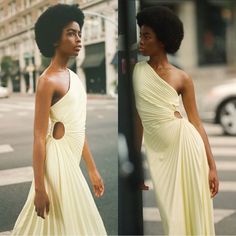 The Delfina Dress Is Asymmetrically Draped And Pleated For The First Time From Alc's Buttery Vegan Leather In Cheery Canary Yellow. This One-Shoulder Silhouette Features A Confident Side Cutout And High-Low Hem. Styling Tip: Pair Strappy Heels And Bold Hoop Earrings To Stand Out On The Party Circuit, Or Steer In An Understated Direction With Padded Slide Sandals. - 95% Viscose 5% Elastane - Coating: 100% Polyurethane - Lining: 82% Polyamide 18% Elastane - Dry Clean - Fully Lined - Side Zip - Len Elegant Yellow Dress With Asymmetrical Neckline, Elegant Yellow Asymmetrical Maxi Dress, Yellow Asymmetrical Party Dress, Yellow One-shoulder Asymmetrical Dress For Spring, Yellow Asymmetrical Maxi Dress For Party, Yellow Sleeveless Maxi Dress For Cocktail, Yellow Draped Fitted Dress, Yellow Fitted Draped Dress, Yellow Asymmetrical Dress For Spring Party