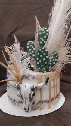 a cake decorated with feathers and a cow skull