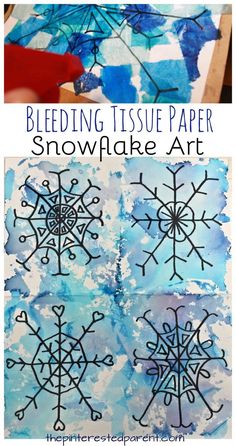 snowflake art project for kids with blue and white paper on the bottom, and an