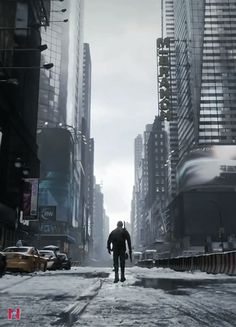 a man standing in the middle of a city street surrounded by tall buildings and skyscrapers