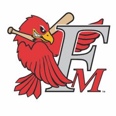 a red bird with a baseball bat in its beak and the letter f on it's back