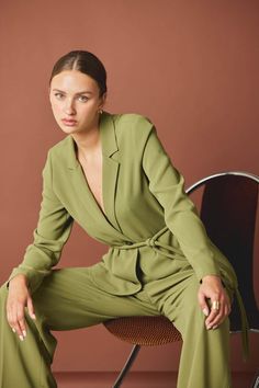 Self Tie Blazer Officiant Outfit, Green Suit Women, Olive Blazer, Tie Blazer, Olive Green Suit, Classic Menswear, Rope Belt, Green Suit, Studio Photoshoot