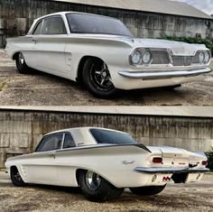 an old car is shown before and after it was painted white with chrome rims